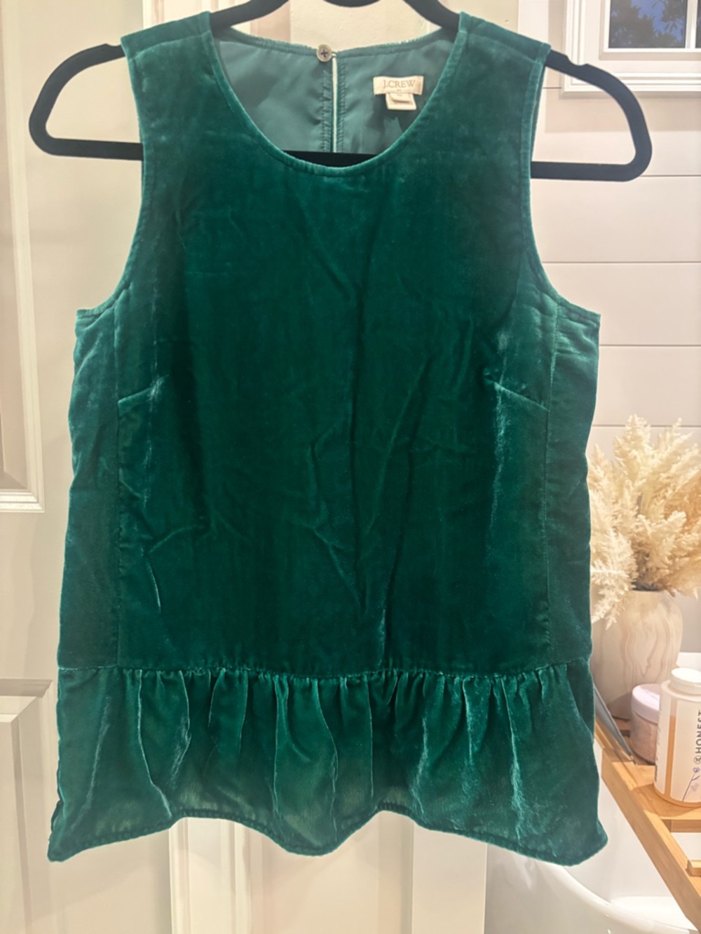 J. Crew Deep Green Velvet Ruffle-Hem Sleeveless Tunic